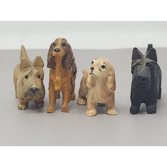 Vintage‎ Mini Wood/Resin? & Ceramic Dog Statues/Carvings 2Spaniel 2Scottish - Picture 1 of 8
